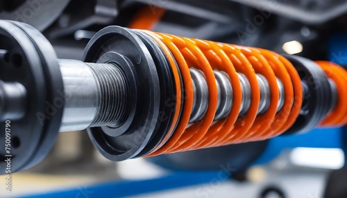 Shock absorber strut with coil spring, suspension system of modern car, The car suspension at the end of its spring, in the style of bold chromaticity, spirals and curves photo
