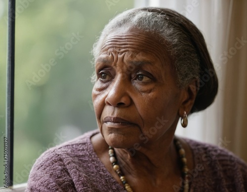An african american senior woman is looking out the window. She is sad or contemplative