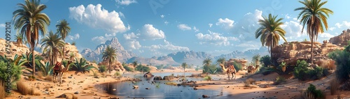 Desert oasis scenery pack, with a small water pond, palm trees, camels, and a tent, designed for a survival or adventure game, isolated on a transparent PNG background