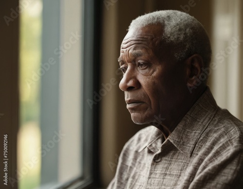 An african american senior man is looking out the window. He is sad or contemplative