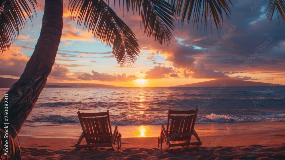 Hawaiian Vacation Sunset Concept, Two Beach Chairs at Sunset - obrazy, fototapety, plakaty 