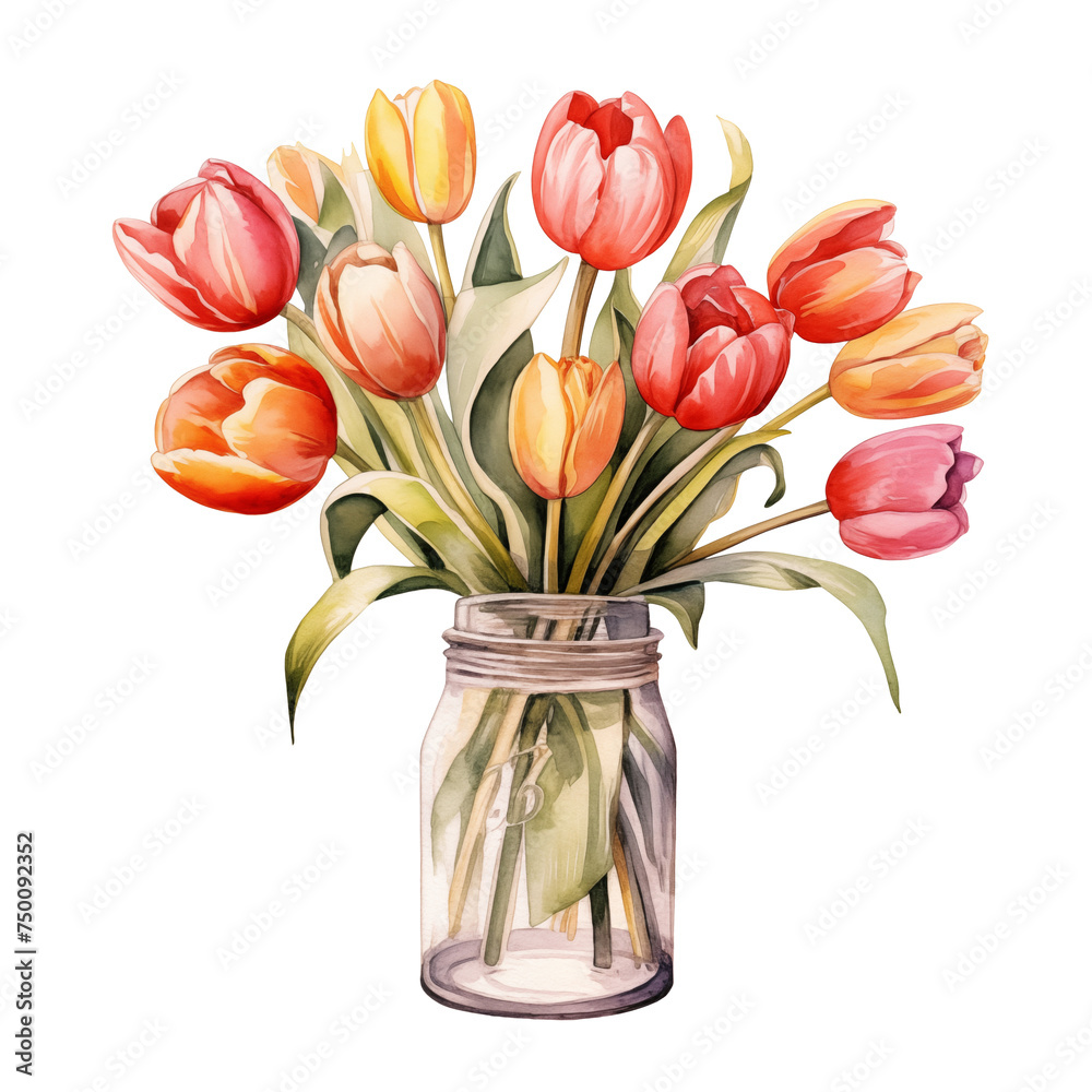 Bouquet of tulip flowers in a clear jar watercolor illustration clipart ...