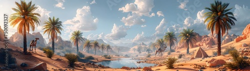 Desert oasis scenery pack  with a small water pond  palm trees  camels  and a tent  designed for a survival or adventure game  isolated on a transparent PNG background