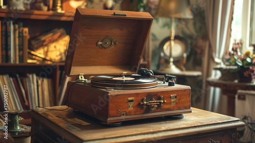 A vintage record player tucked into a corner, spinning nostalgic melodies that fill the air with warmth and comfort.