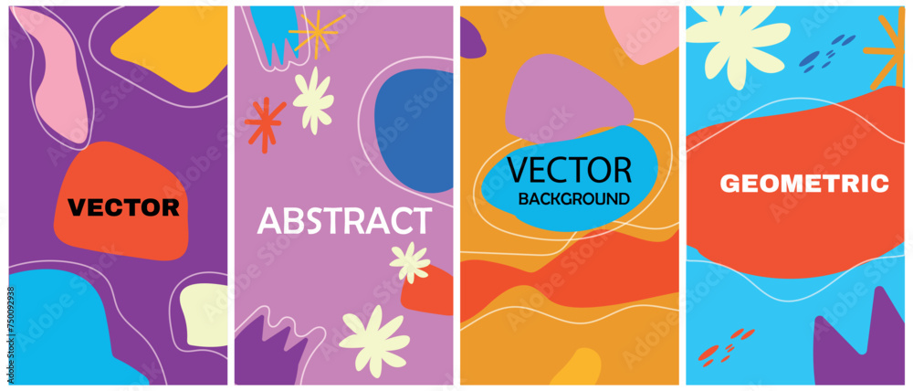 Contemporary summer posters with bright, rich colors, shapes and simple geometric elements. Trendy abstract design ideal for banners, invitations, branding designs, covers.
