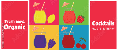 Set of summer brochures with fruit natural cocktails. Lemon, raspberry, grapes, cherry. Vector templates. photo
