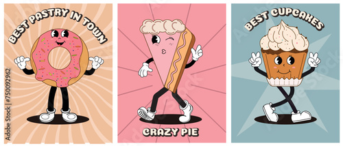 Retro poster with baked goods and donut mascot, funny colorful characters in doodle style. Vector groovy characters on colorful background.