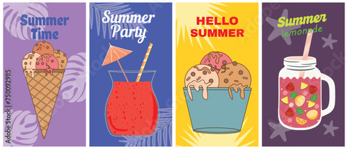 Set of summer flyers, cards with tropical themes, fruit drinks and ice cream. Bright and delicate banners and posters of the hot summer season. Vector posters for advertising or templates for design.