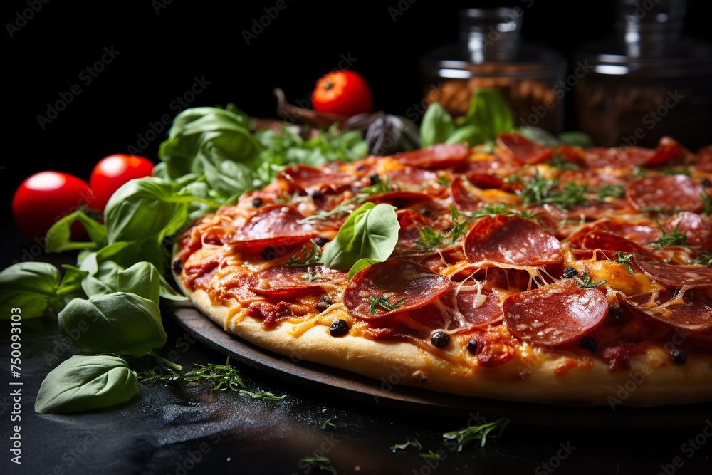 Pepperoni pizza on black clean background, delicious tasty pepperoni pizza on dark black table counter, copy space, top view, above, flat lay, banner, menu, pizzeria, restaurant