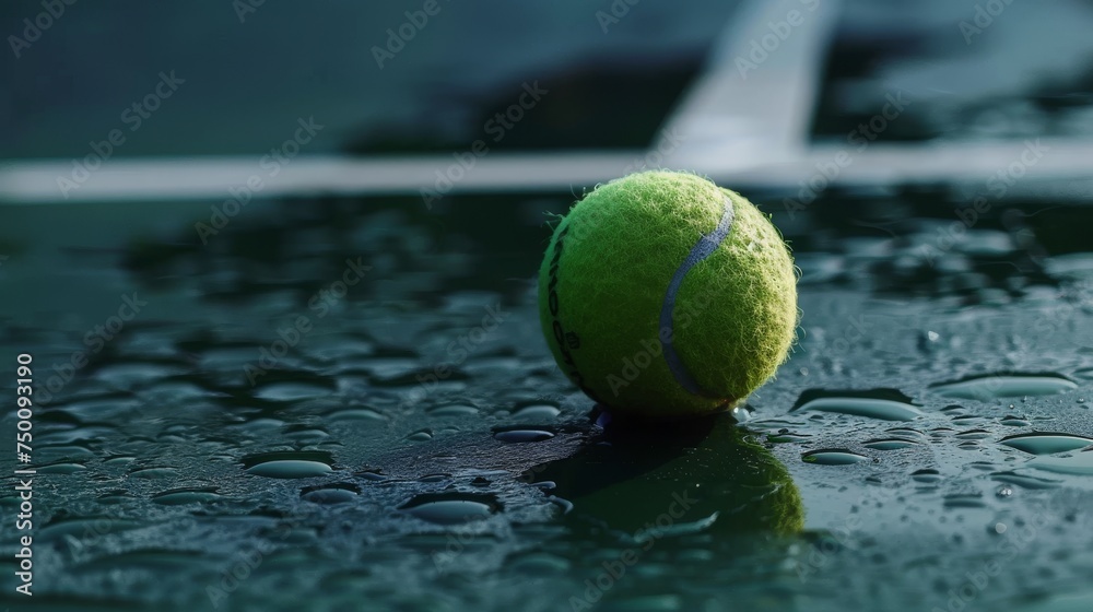 Tennis ball on court net, sporting equipment in close-up view