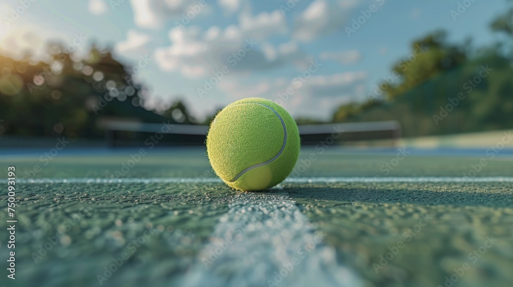 tennis ball is floating on a tennis court with an overhead. 