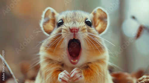 An adorable chipmunk excitedly opens its mouth, as if caught mid-squeak, with front paws together against a soft-focus background.