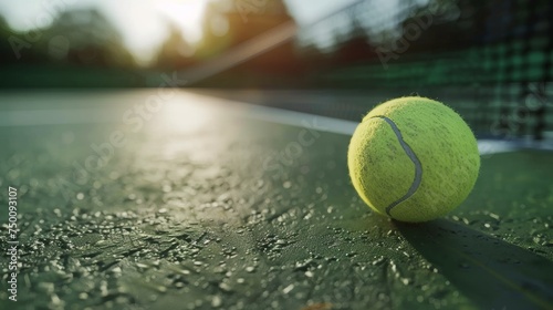 Tennis ball rests on the net in a vibrant court setting, embodying the essence of leisurely sport and outdoor recreation © supachai
