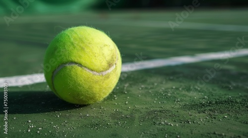 Tennis ball rests on the net in a vibrant court setting, embodying the essence of leisurely sport and outdoor recreation photo