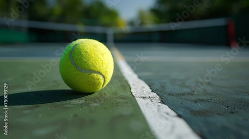 Tennis ball rests on the net in a vibrant court setting, embodying the essence of leisurely sport and outdoor recreation
