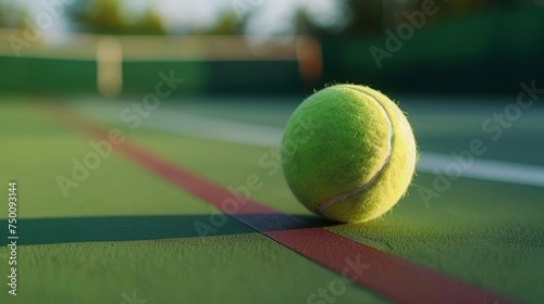 Tennis ball rests on the net in a vibrant court setting, embodying the essence of leisurely sport and outdoor recreation © supachai