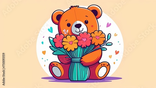 Teddy bear is holding bouquet of flowers isolated on pastel background. Concept of birthday and warmth  affection as teddy bear is symbol of love and comfort. Flowers add touch of beauty  color.