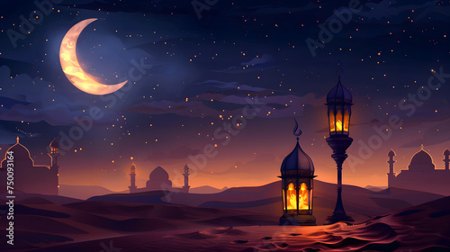 Traditional Arabian lantern standing on the sands of a serene desert under the crescent moon  evoking Ramadan s spirituality and the tranquil beauty of an endless background