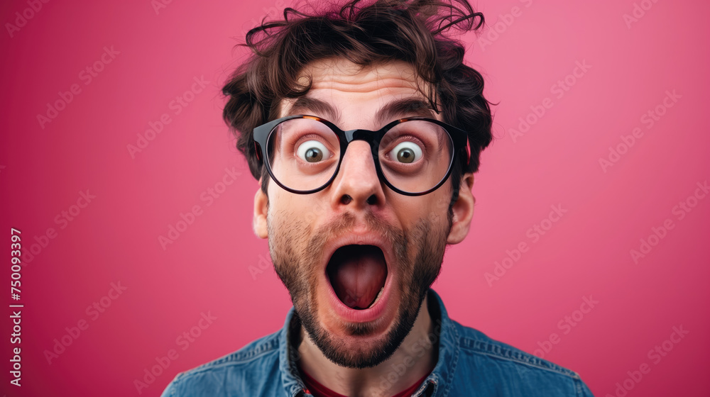 A man with exaggerated facial expression and large round glasses exclaims in surprise against a pink background.