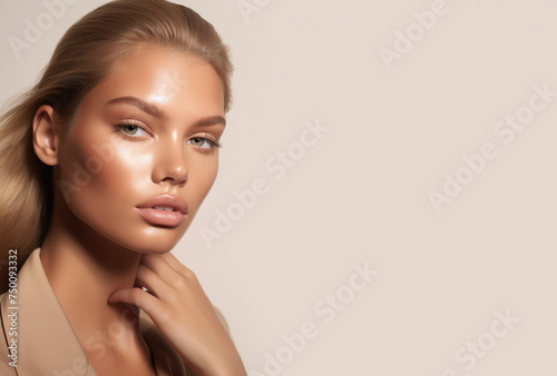 Portrait of young woman on cream background. Copy space for text, advertising. Concept of beauty, anti aging, cosmetic, skin, care, make-up, cosmetics, plastic surgery