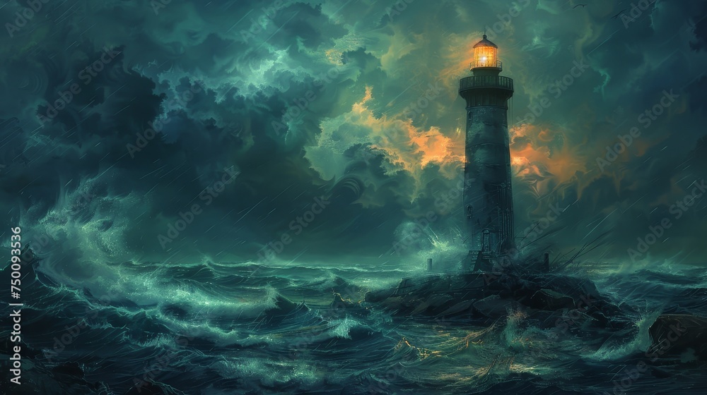 An illustrated lighthouse stands resilient amid a tempestuous sea under a turbulent night sky, guiding light piercing through the rain. - obrazy, fototapety, plakaty 