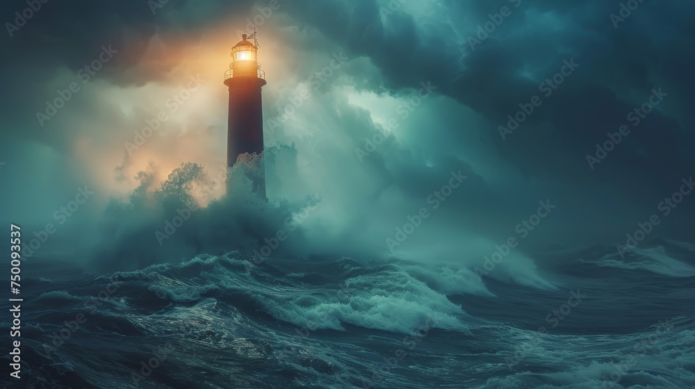 A solitary lighthouse stands against a tumultuous stormy sea, its light piercing through the darkness.