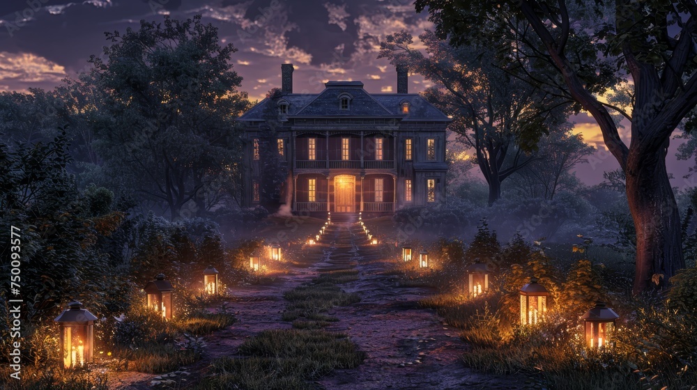 A grand historic mansion basked in the glow of twilight, with a lit pathway inviting exploration.