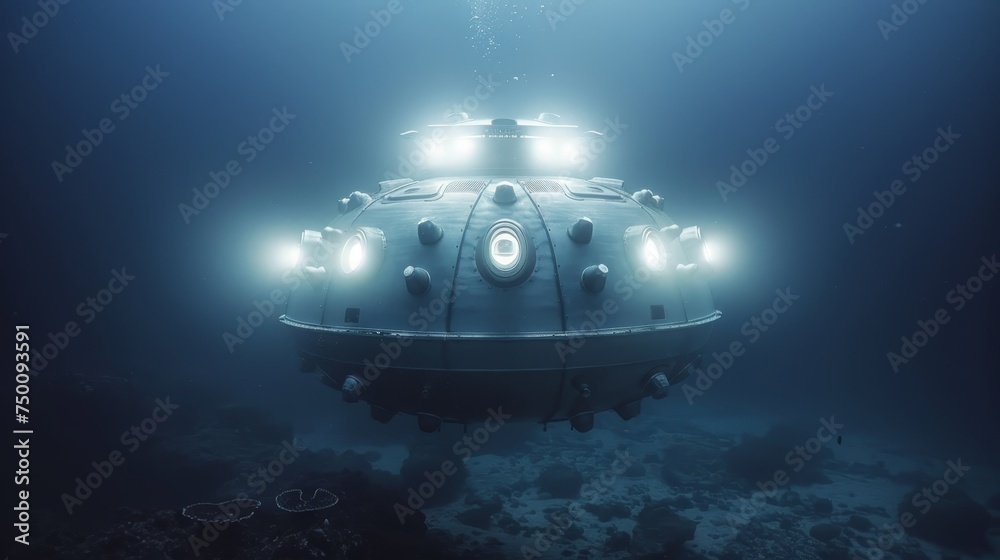 An advanced deep-sea submersible vehicle equipped with lights is exploring the dark underwater world. An advanced deep-sea submersible vehicle equipped with lights is exploring the dark underwater world.