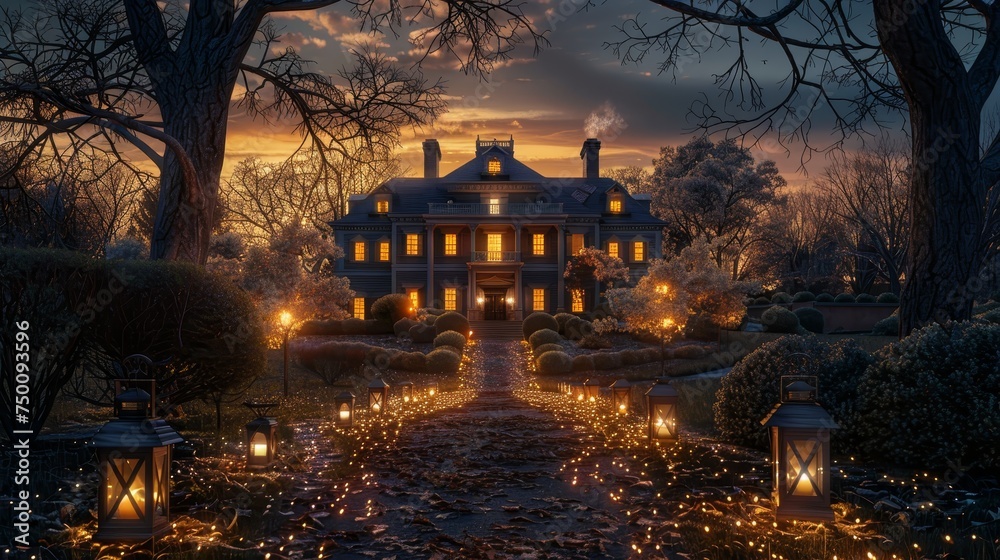 An elegant manor radiates a warm, fairy-tale glow from lanterns and fairy lights as dusk sets in, creating a mystical evening scene.