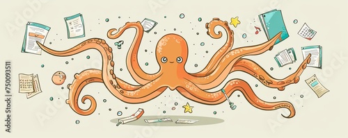 Organized and helpful octopus at work using its tentacles for efficient multitasking and friendly office assistance