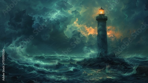 An illustrated lighthouse stands resilient amid a tempestuous sea under a turbulent night sky, guiding light piercing through the rain.