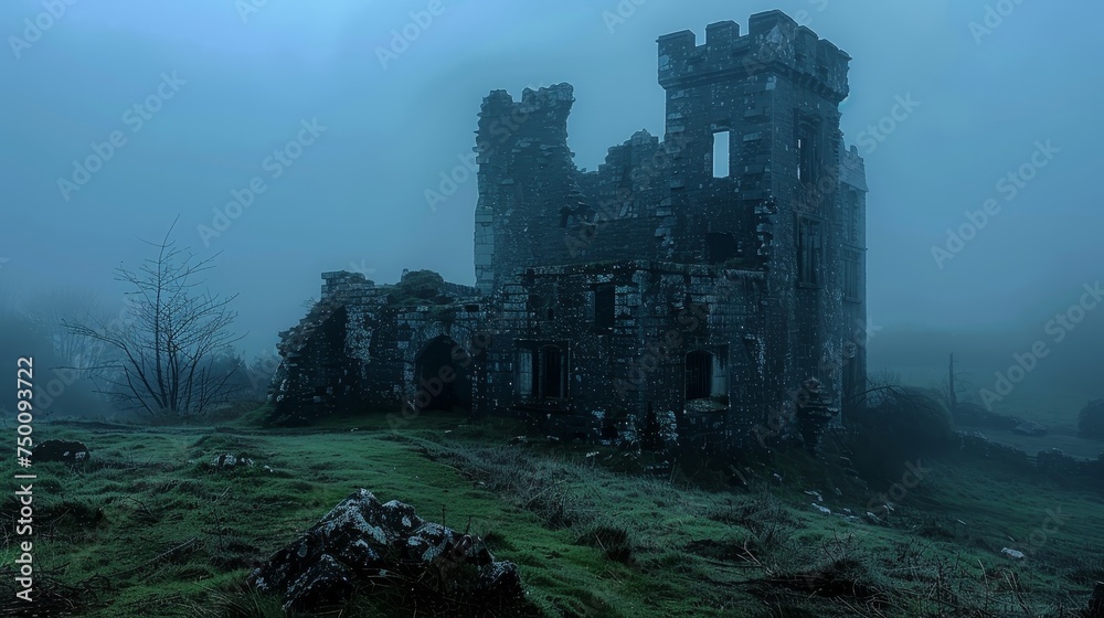 The forlorn ruins of a medieval tower loom through a dense fog ...