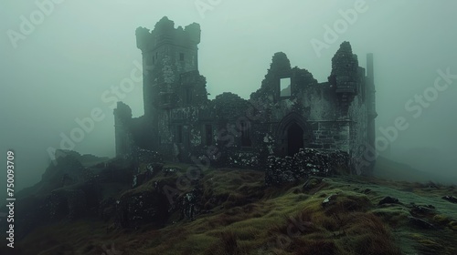 The remains of a once-majestic castle stand enshrouded in mist, its broken walls telling tales of a bygone era.