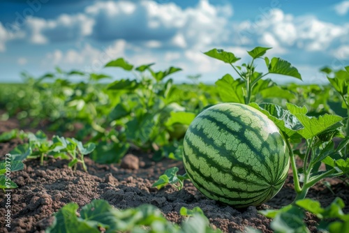 A large field of watermelons stretches into the distance, with a dramatic cloudy sky, signaling a bountiful summer crop. Fresh watermelons in field on sunny day. photo