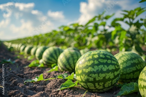 A large field of watermelons stretches into the distance, with a dramatic cloudy sky, signaling a bountiful summer crop. Fresh watermelons in field on sunny day.