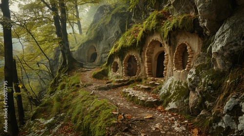 Nestled in an enchanting forest  whimsical caves with wooden doors evoke a fairy tale world waiting to be explored.