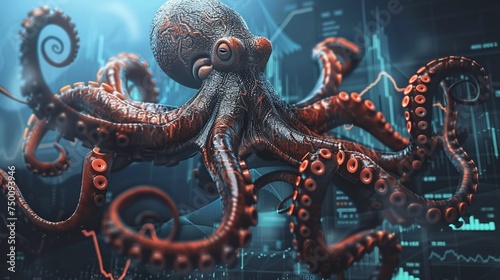 An octopus managing a business empire tentacles juggling Bitcoins and trade charts a master of cryptocurrency