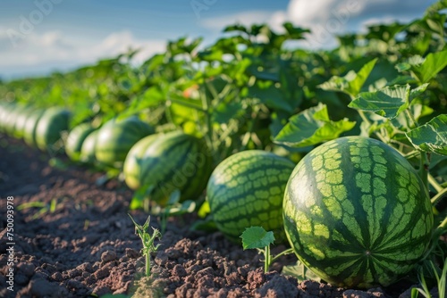 A large field of watermelons stretches into the distance, with a dramatic cloudy sky, signaling a bountiful summer crop. Fresh watermelons in field on sunny day.