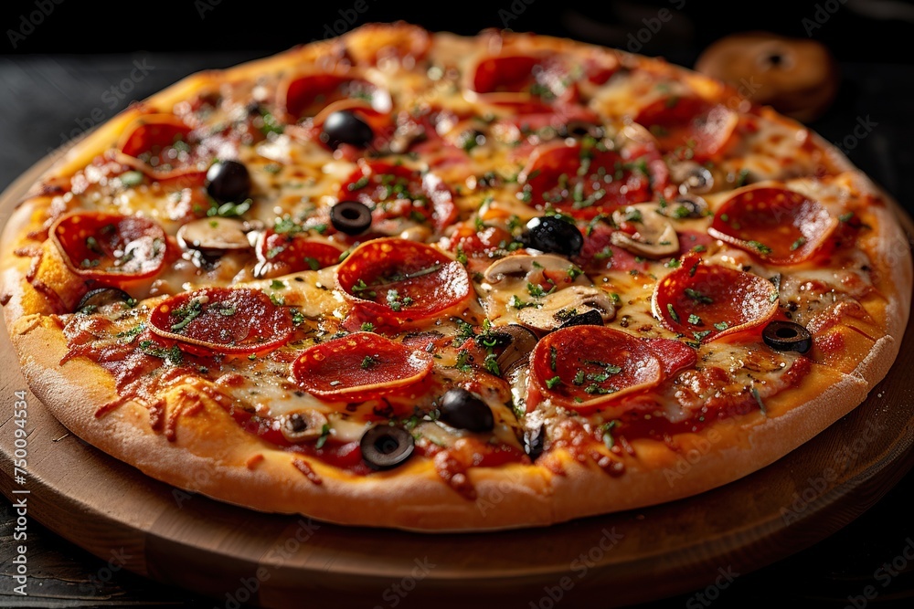 Tasty pepperoni pizza on black background, delicious hot pepperoni pizza cooking ingredients tomatoes olives mushrooms, copy space, top view, above, flat lay, banner, menu, pizzeria