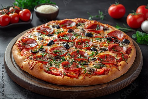 Tasty pepperoni pizza on black background, delicious hot pepperoni pizza cooking ingredients tomatoes olives mushrooms, copy space, top view, above, flat lay, banner, menu, pizzeria