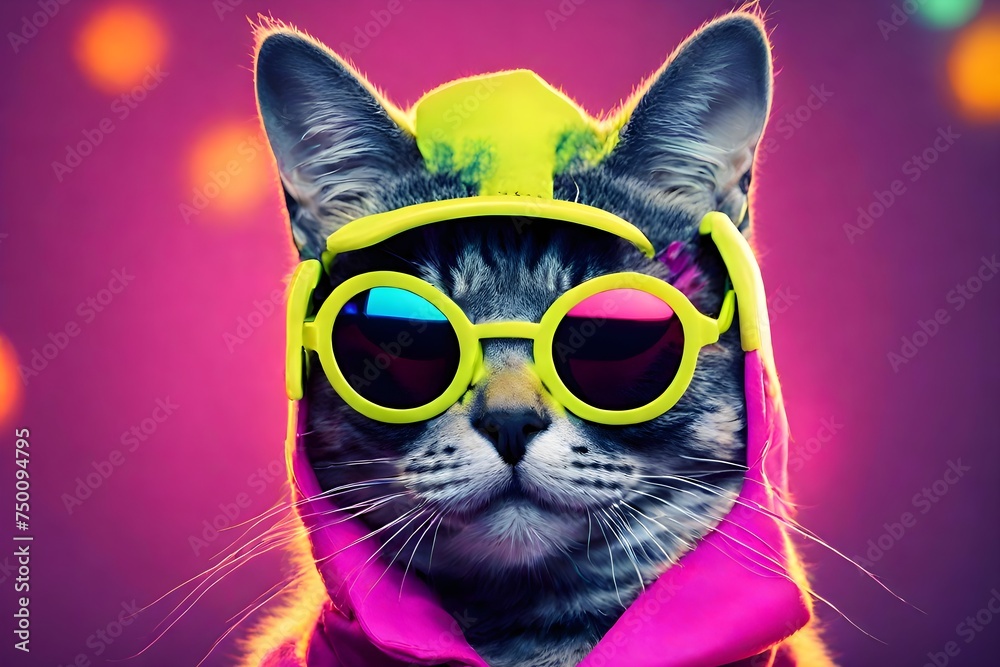 Colorful Fashionable Portrait Of A Cute And Funny Animal Pet Cat Wearing Neon Sunglasses