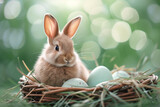 Adorable cute grey bunny sitting in nest with eggs on green background with blurred bokeh lights. Copy space.