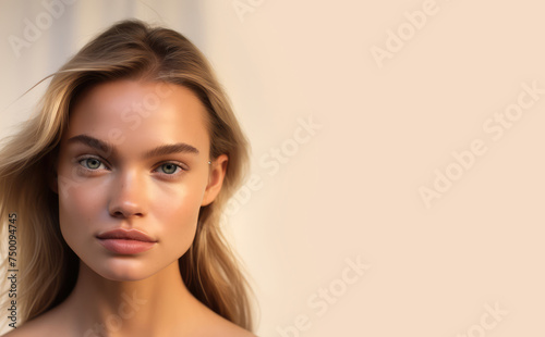 Portrait of  blonde woman on cream background. Copy space for text, advertising. Concept of beauty, anti aging, cosmetic, skin, care, make-up, cosmetics, plastic surgery