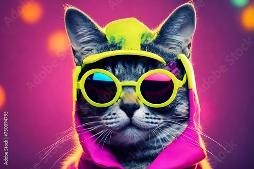 Colorful Fashionable Portrait Of A Cute And Funny Animal Pet Cat Wearing Neon Sunglasses © MSK