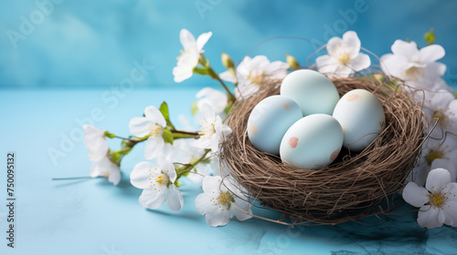 Easter eggs in a bird s nest and flowering branches on a blue background.