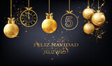 tarjeta o diadema para desear una Feliz Navidad y Próspero Año Nuevo 2025 en dorado y negro compuesto por bolas navideñas y un reloj sobre fondo negro con purpurina