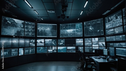 wide banner of security CCTV cameras and guard monitoring screen hud UI for advanced surveillance secure protection system and recording tape archive with online network IP connection