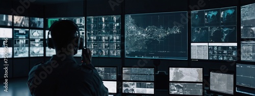 wide banner of security CCTV cameras and guard monitoring screen hud UI for advanced surveillance secure protection system and recording tape archive with online network IP connection