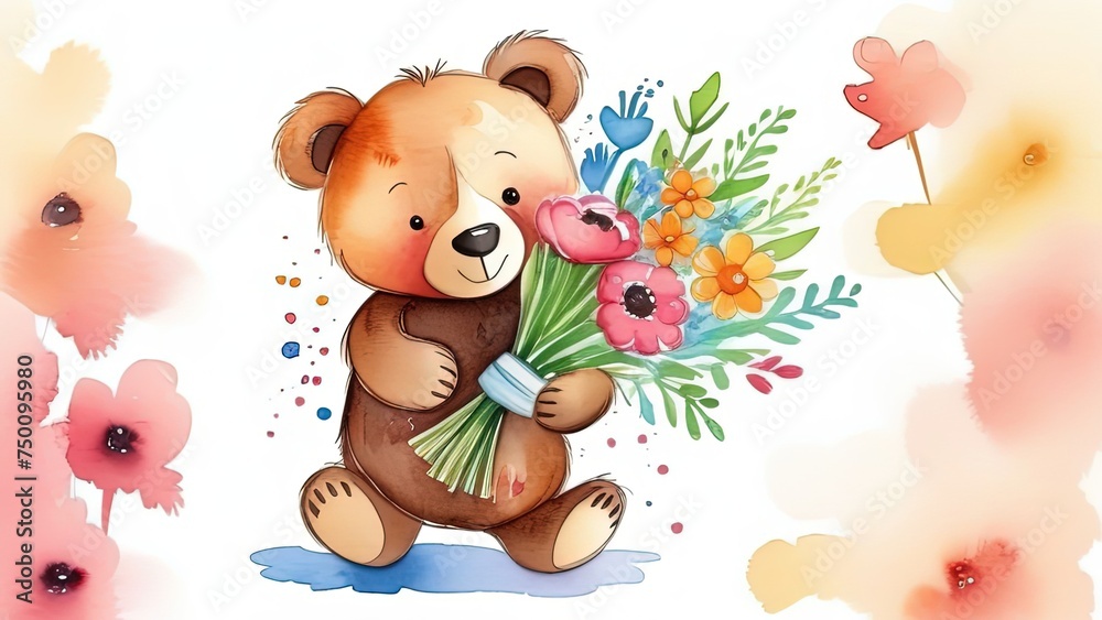 Teddy bear is holding bouquet of flowers isolated on pastel background. Concept of birthday and warmth, affection as teddy bear is symbol of love and comfort. Flowers add touch of beauty, color. Teddy bear is holding bouquet of flowers isolated on pastel background. Concept of birthday and warmth, affection as teddy bear is symbol of love and comfort. Flowers add touch of beauty, color.