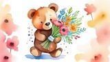 Teddy bear is holding bouquet of flowers isolated on pastel background. Concept of birthday and warmth, affection as teddy bear is symbol of love and comfort. Flowers add touch of beauty, color.
